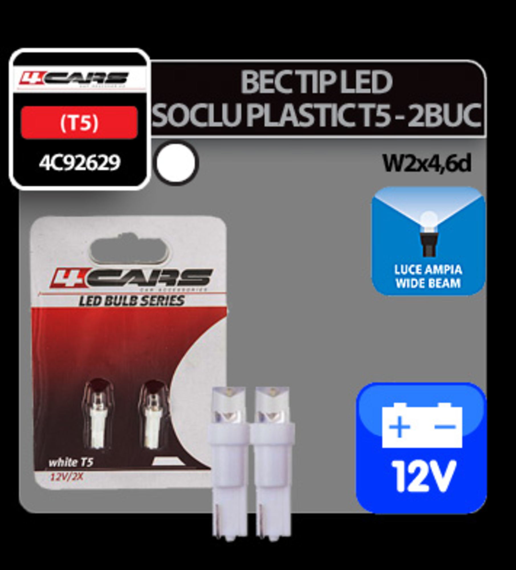 Bec tip led 12v 1,2w soclu plastic t5 w2x4,6d 2buc 4cars - alb dispersat