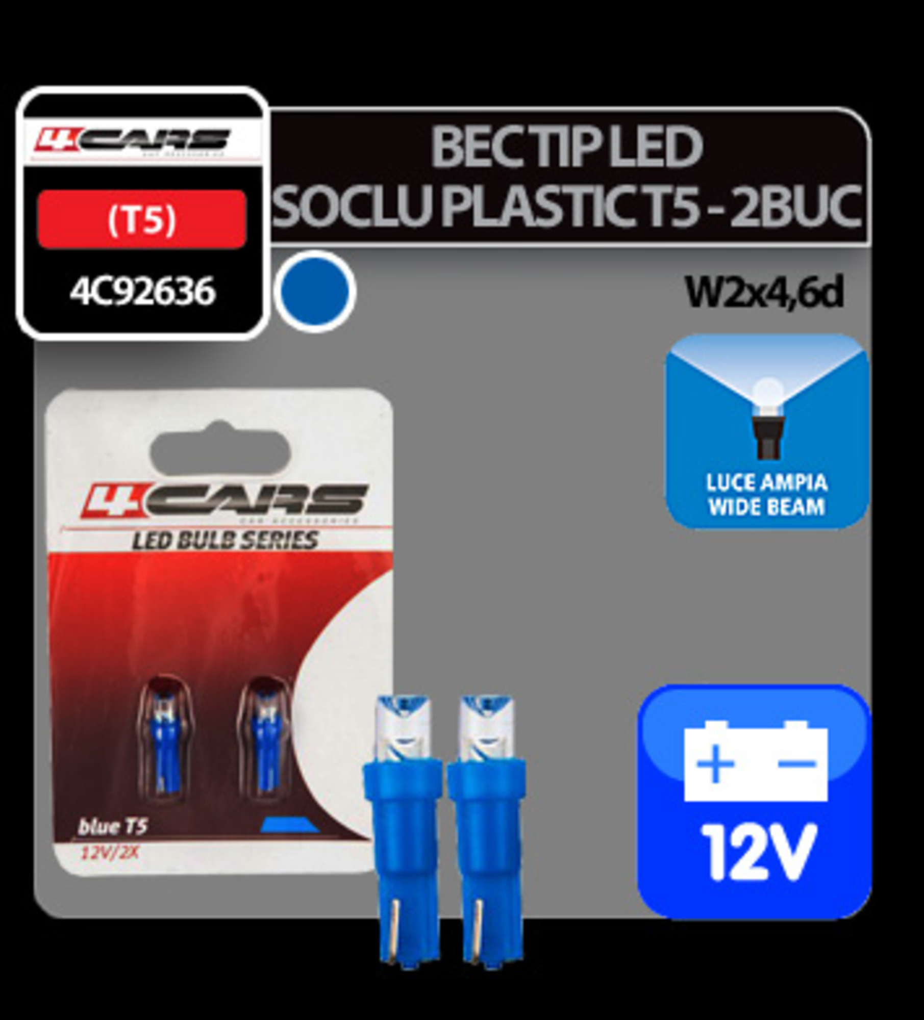 Bec tip led 12v 1,2w soclu plastic t5 w2x4,6d 2buc 4cars - albastru dispersat