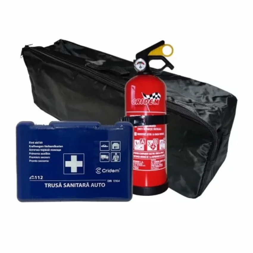 Set pachet prim ajutor auto trusa sanitara si stingator cu pulbere 1kg cridem geanta organizatoare negru
