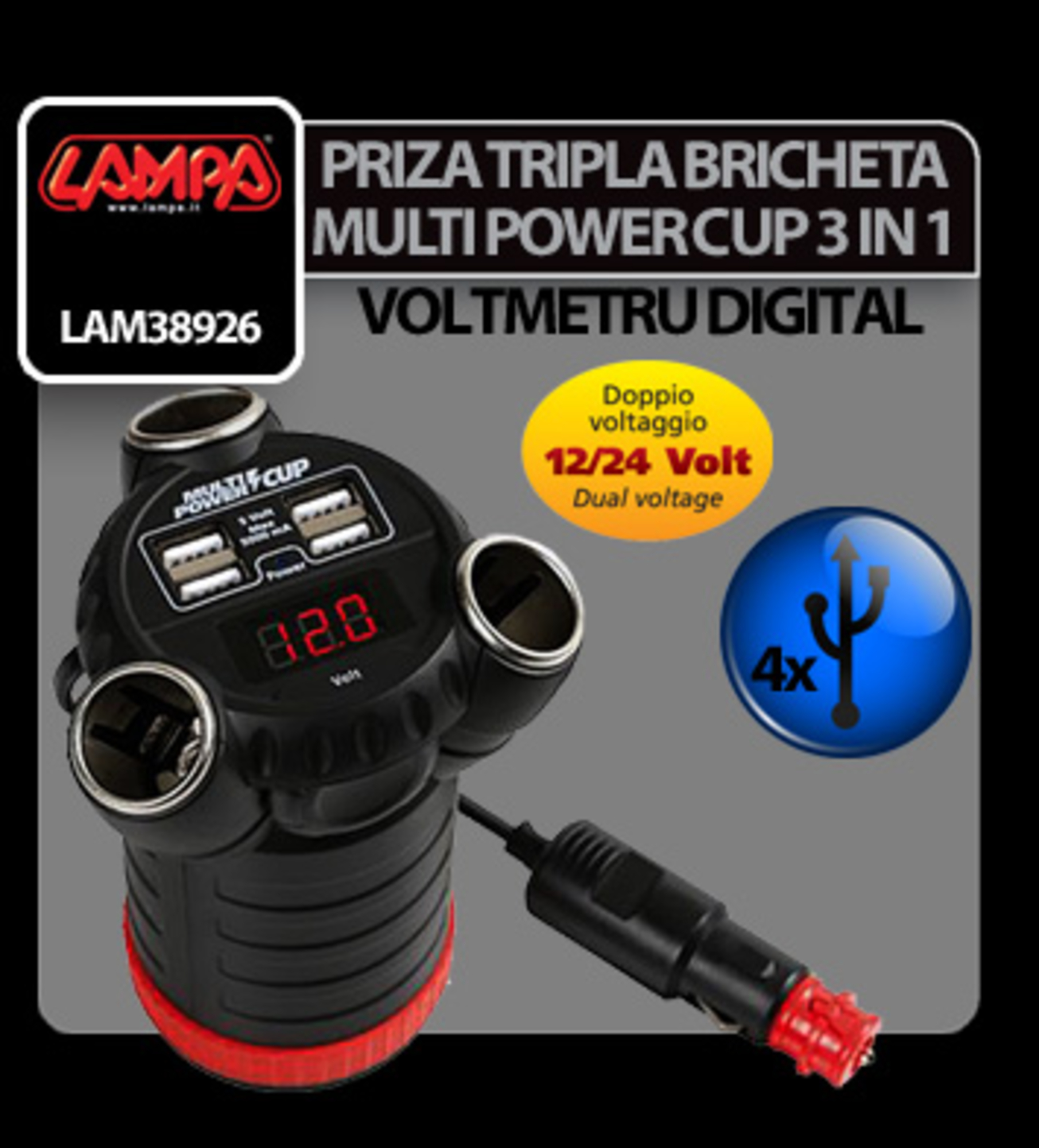 Priza tripla bricheta multi power cup 3 in 1 12/24/36v