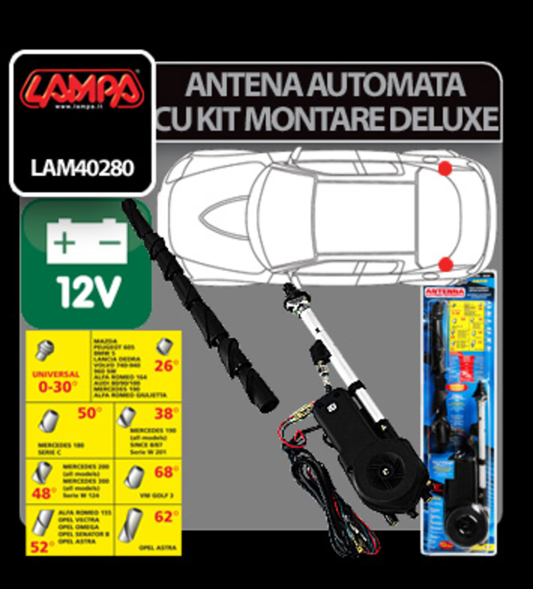 Antena complet automata cu kit montare de-luxe lampa 12v