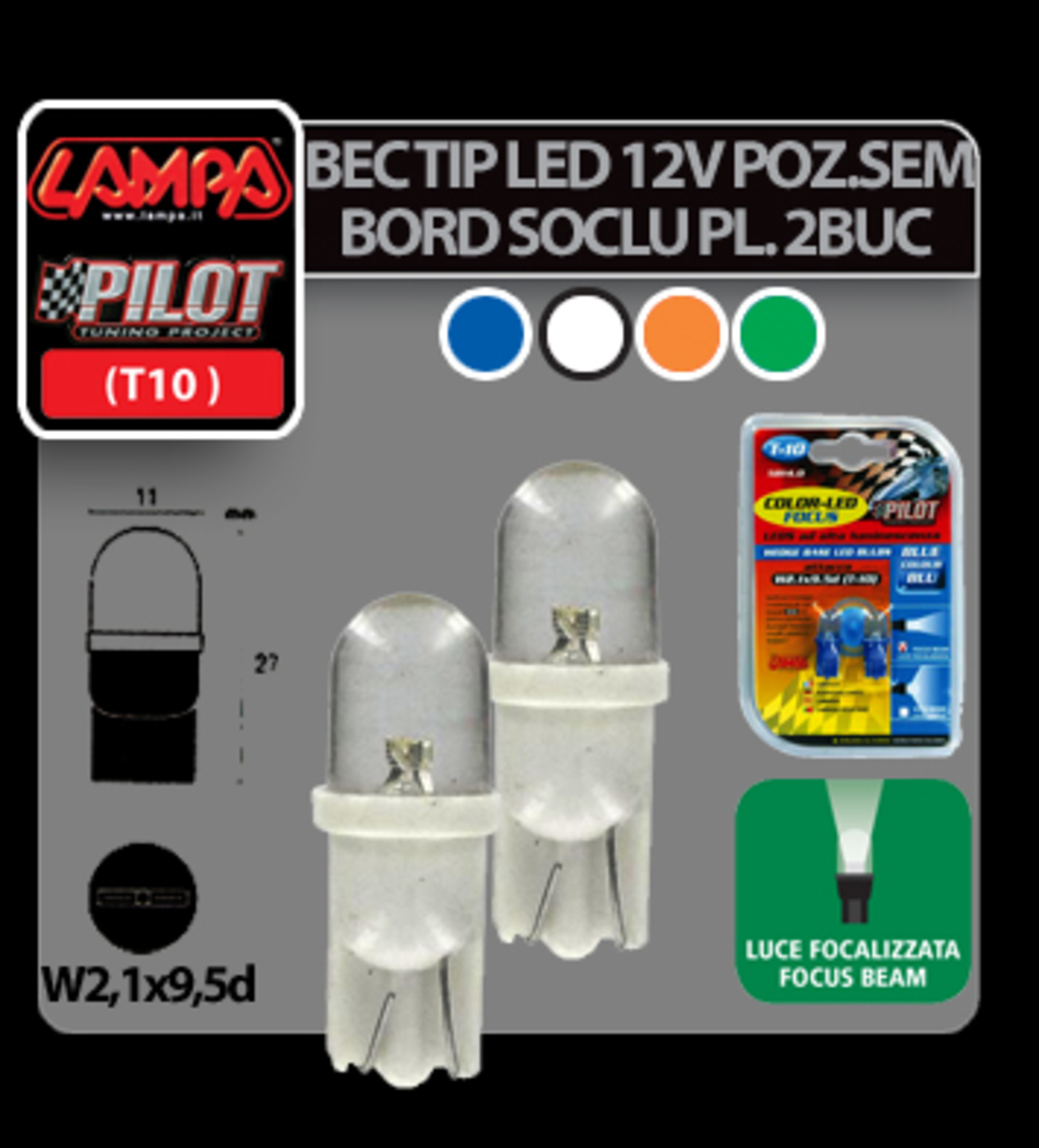 Bec tip led 12v soclu pl. t10 w2,1x9,5d 2buc albastru focalizat