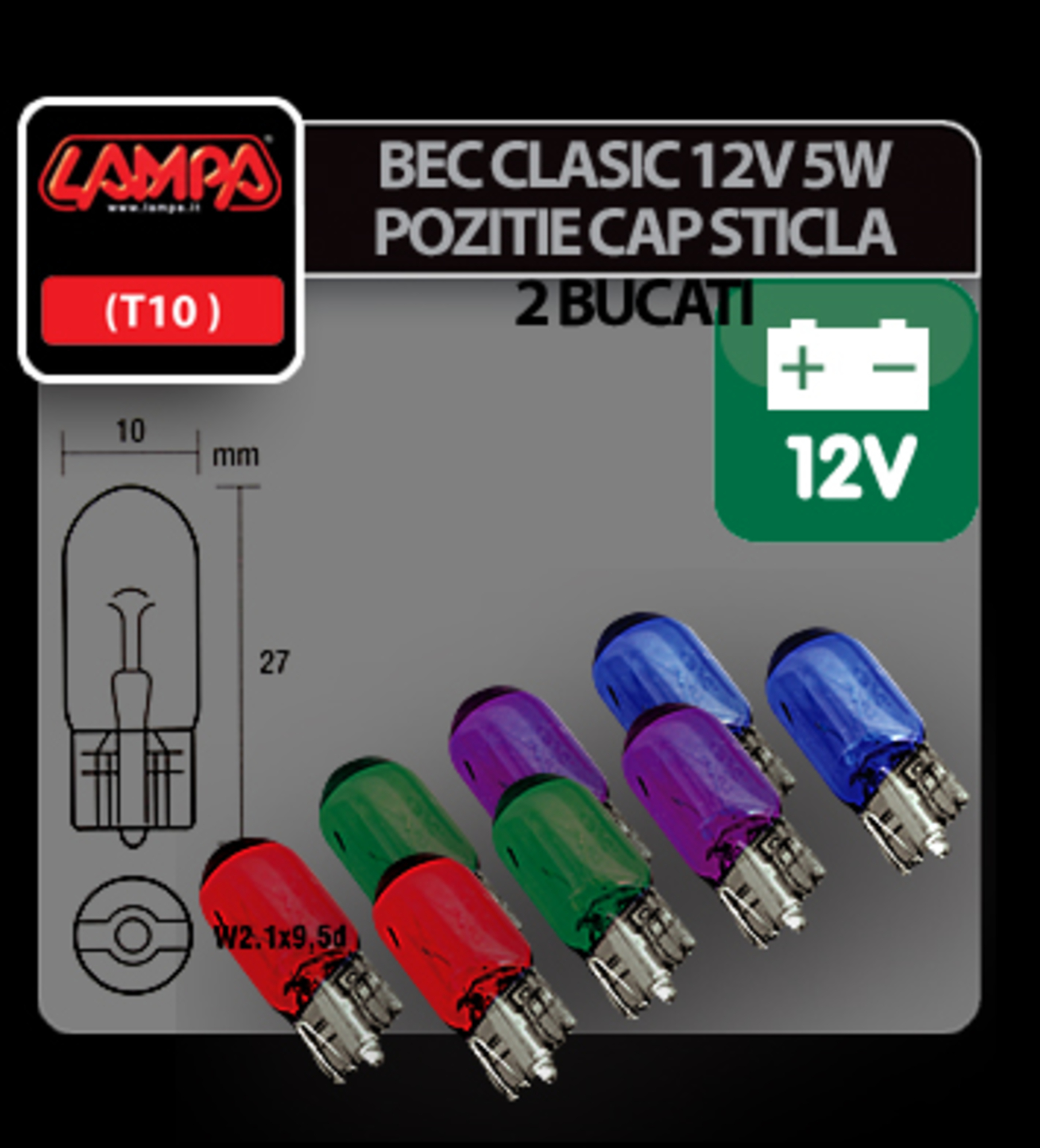Bec clasic 5w 12v pozitie cap sticla w2,1x9,5d 2buc - albastru